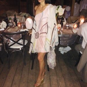 Analili Pink One Shoulder Silk Chiffon dress.